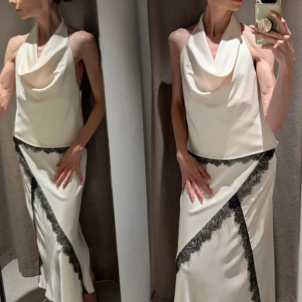 BWQ Elegant Lace Dress Sets White Lace Patchwork Hanging Neck Tank Top Contrast  Skirt Set Women Luxury Fashion Dress Sets