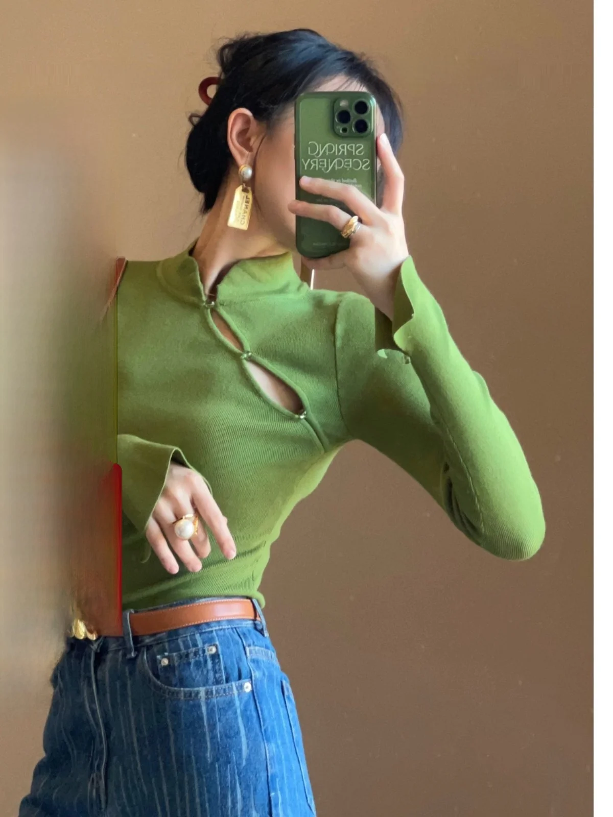 

Женский модный топ Slimming Knitted с вырезами, рукавами-колокол, воротником-стойкой, в китайском стиле, от Atelier Onepire Langting Ji