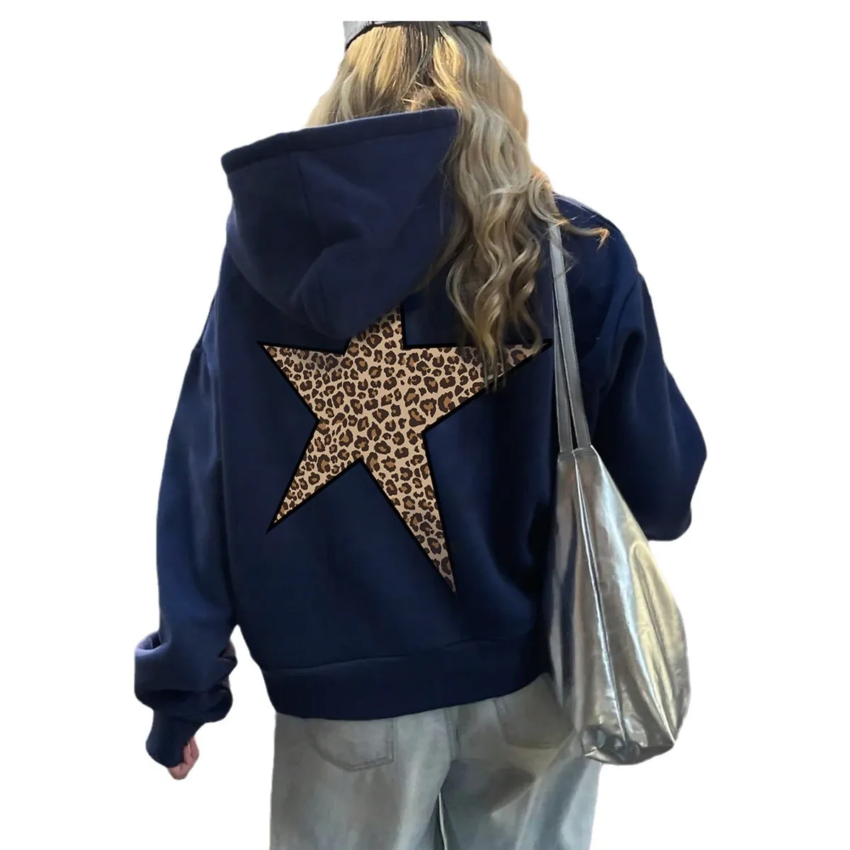 Fashion Womans Hoodies Leopard Pentagram Pattern Printing Pullovers Loose Pocket Warm Fleece Sweatshirts Autumn Female Clothing