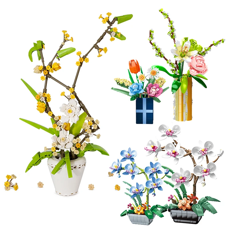 Romantic Creative Eternal Flower Model Building Block DIY Phalaenopsis Bouquets Plants Home Decoration Brick Set For Girls Gifts