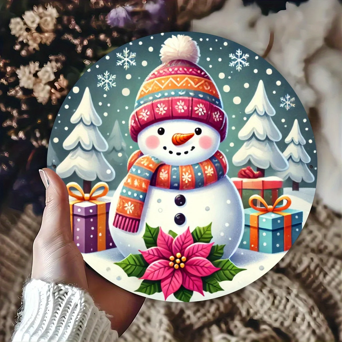 2D Flat, 1pc Round 2D Metal Iron Wall Art - Vintage Snowman Christmas Decor with Colorful Scarf, Snowflakes & Gifts, Rustic Farm