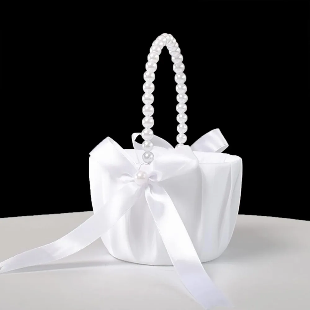 Wedding Flower Girl Baskets with Pearl Handle, Satin Bowknot Flower Baskets for Flower Girl Pearl Collection, White