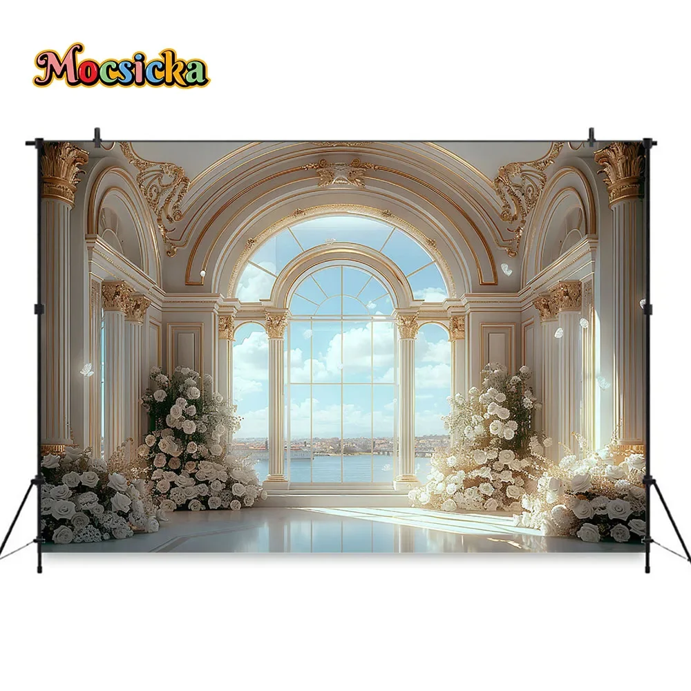 Moclicka latar belakang istana pernikahan romantis musim panas dengan jendela melengkung taman Bohemian putih latar belakang lantai spanduk acara pengantin perempuan