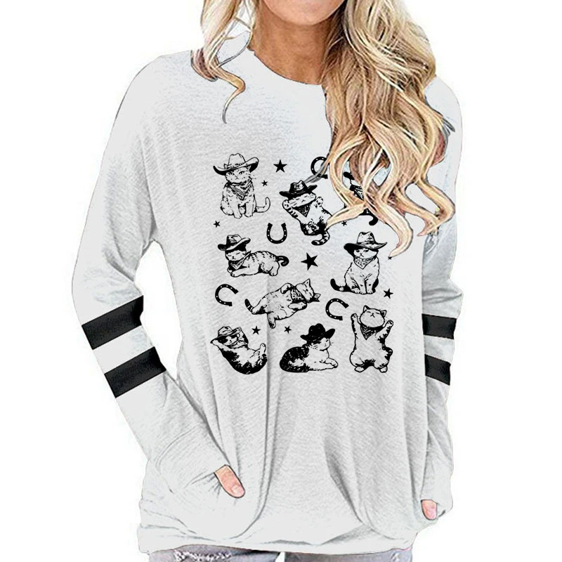 

Funny Animal Cats Print Women Long Sleeve T-shirts Cute Cat Gifts Vintage Cowboy Cats and Kittens Western Graphic T Shirts Women