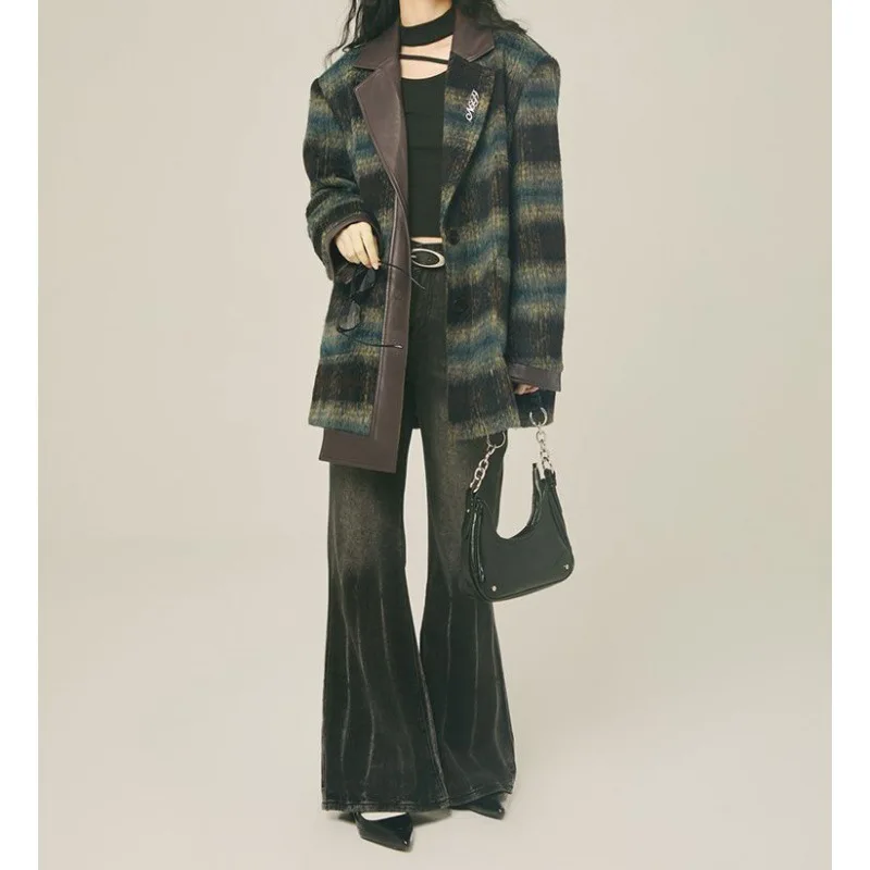 

Year retro woolen jacket feminine design silhouette suit plaid contrasting top autumn and winter