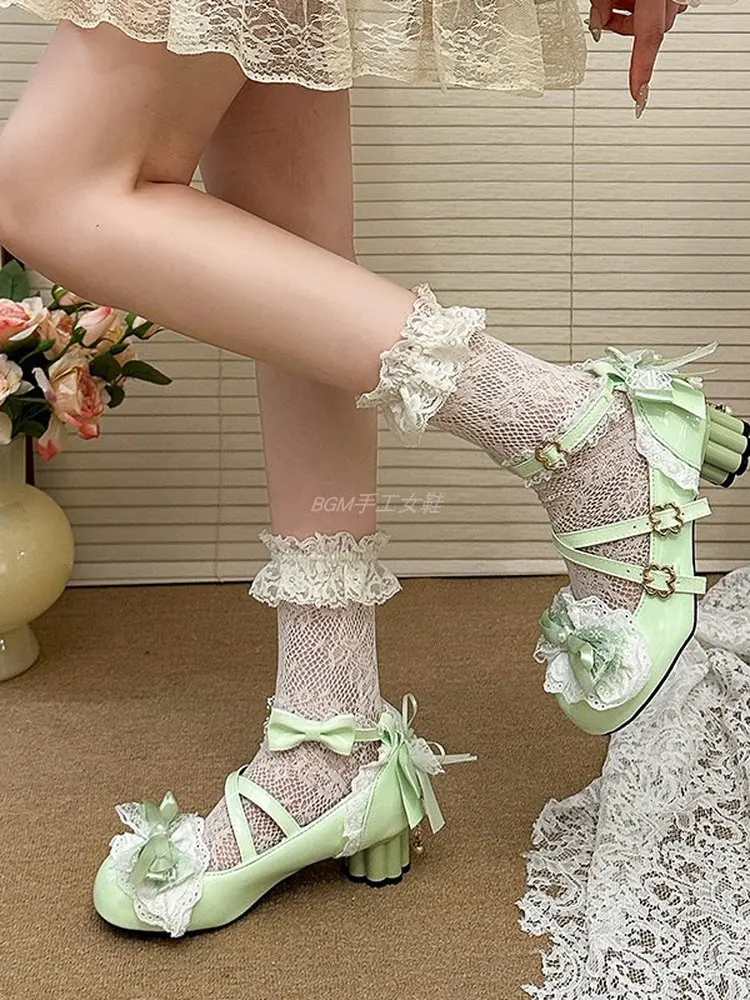 Sweet Lolita Green Mary Jane Shoes Women Mid Heel Cross Strap With Lace Bow Bell Decor Kawaii Jk Style Student Platform Pumps