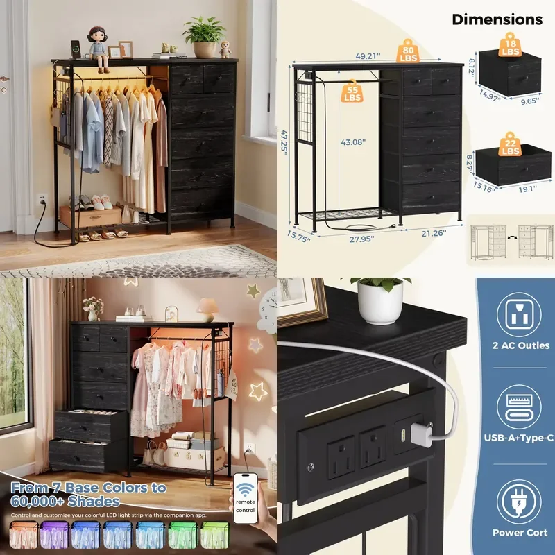 6 Drawer Fabric Dresser with Hanging Rack Charging Station LED Lights Closet Storage Organizer for Bedroom Living Room
