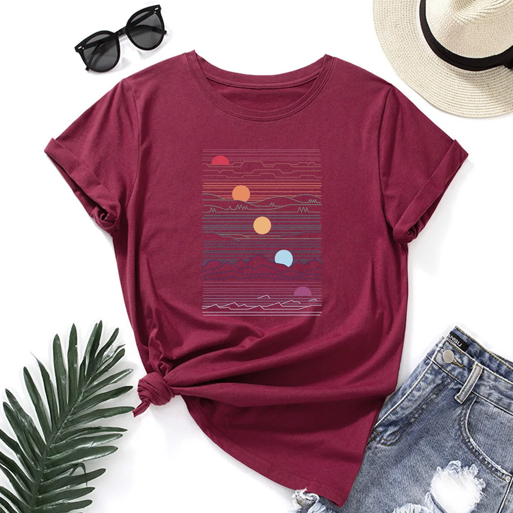 Women Tee Oversize Tops 2024 100% Cotton Summer T-Shirt Woman Loose Shirts Fashion Sunrise Print Casual Kawaii Mujer Tshirt