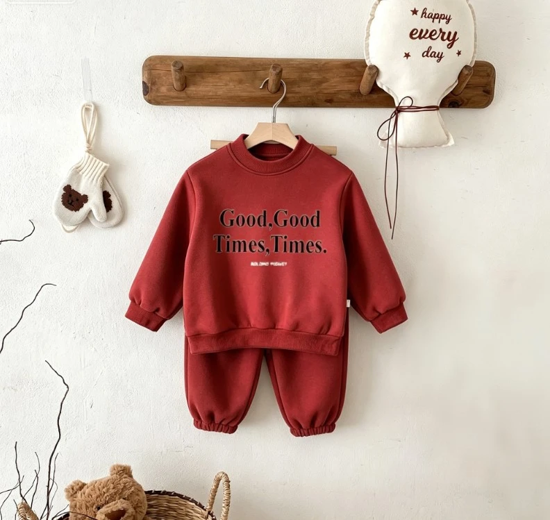 Small Kid Good Good Times Letter Two Piece Tracksuit Baby Kid Cotton Crew Neck Sweatshirt And Loose Pants Suit Children Outfits