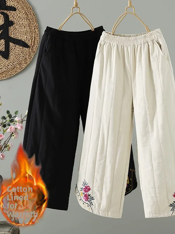 

Хлопковые и льняные хлопковые теплые брюки с вышивкой на талии в стиле ретро, большие размеры, женские этнические прямые брюки, повседневные широкие брюки с девятью мешком...
