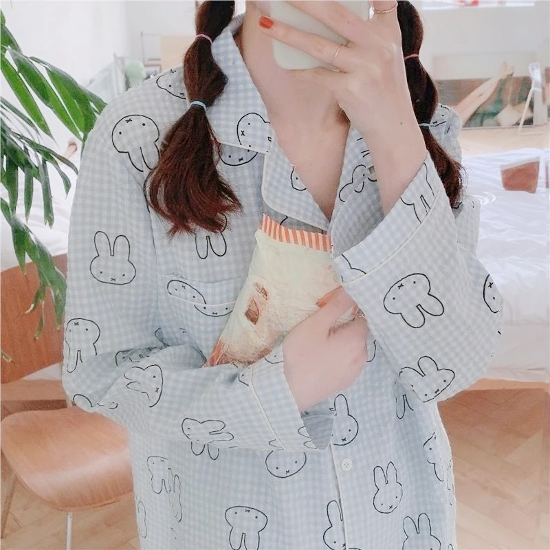 Conjunto de pijamas vintage miffy bunny doce xadrez leve e minimalista para mulheres retrô desenho animado algodão loungewear