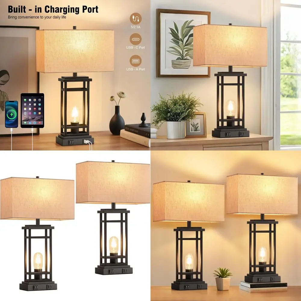 

Pair of Contemporary Bedside Desk Lamps with Night Light and Dual USB Charging Ports for Bedrooms, Living Rooms, and Home Office