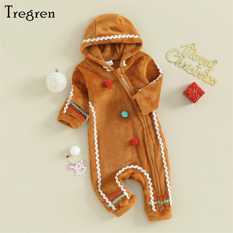 

Tregren 0-3Y Kids Baby Boys Girls Christmas Jumpsuits Fuzzy Long Sleeve Rompers Newborn Infant Gingerbread Man Costume Clothes