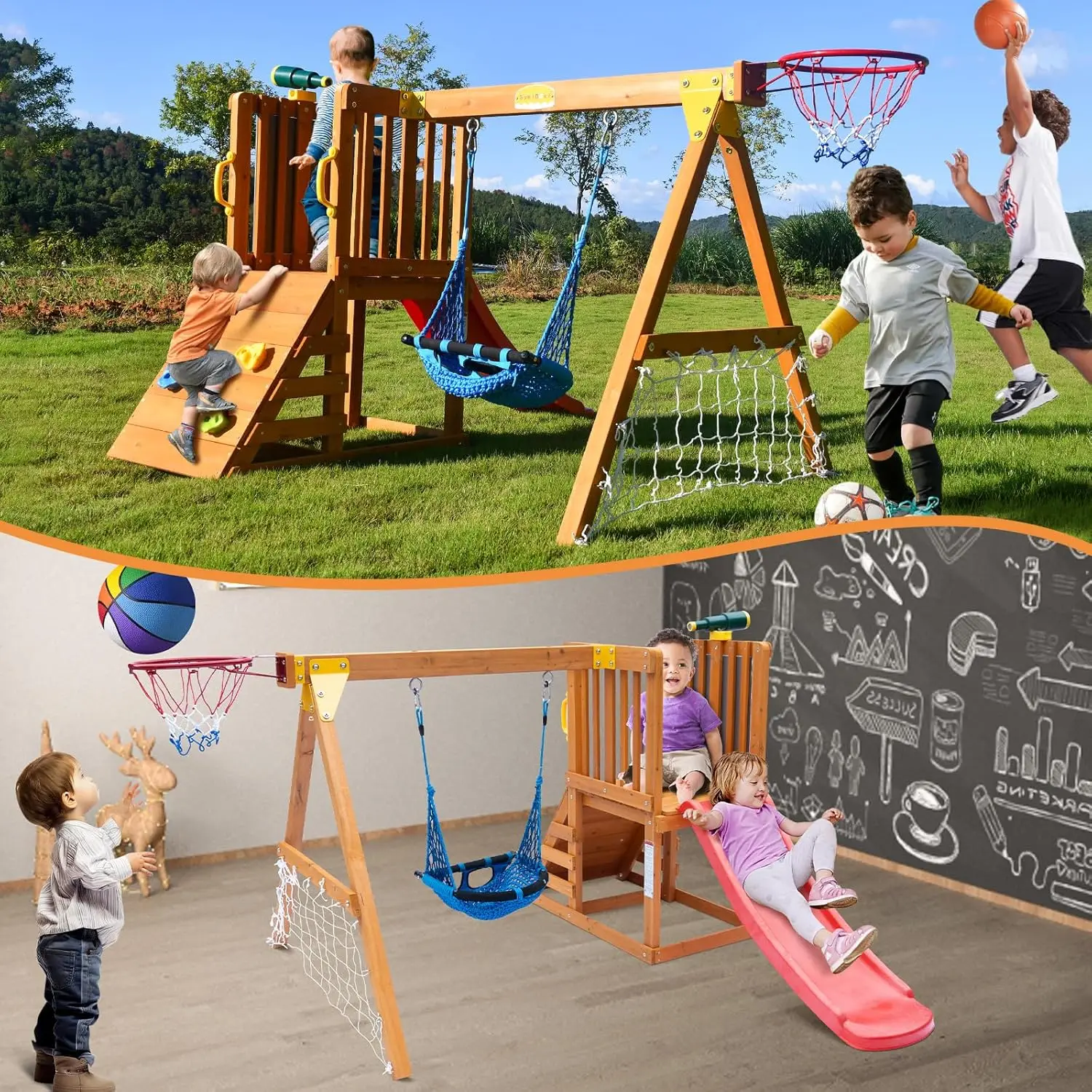 Playground Sets for Backyards,Toddler Slide and Swing Set with Basketball Hoop for 3-6 Years Kids, Toddler Climber, Football Net