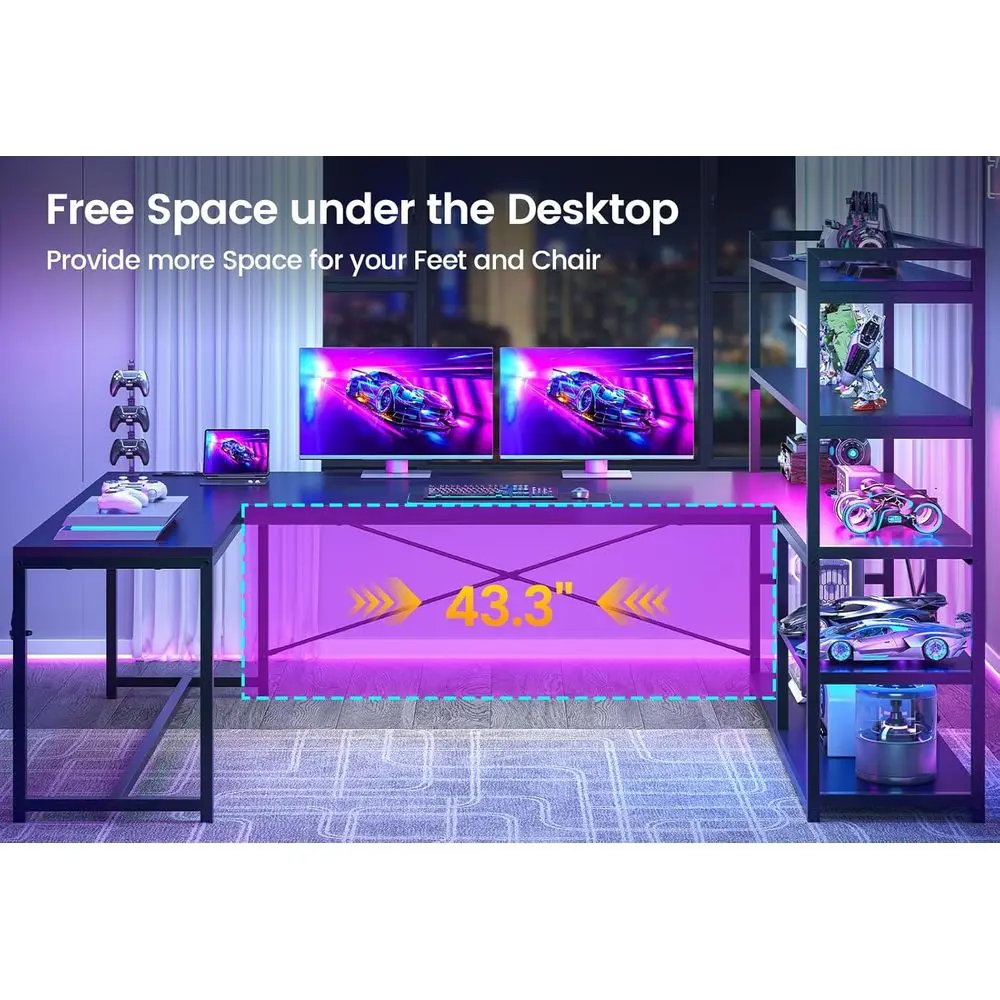 L Shaped Gaming Desk, 63'' Reversible Computer Desk with Power Outlet and Storage Shelves, Corner Gaming Desk with LED Lights, B