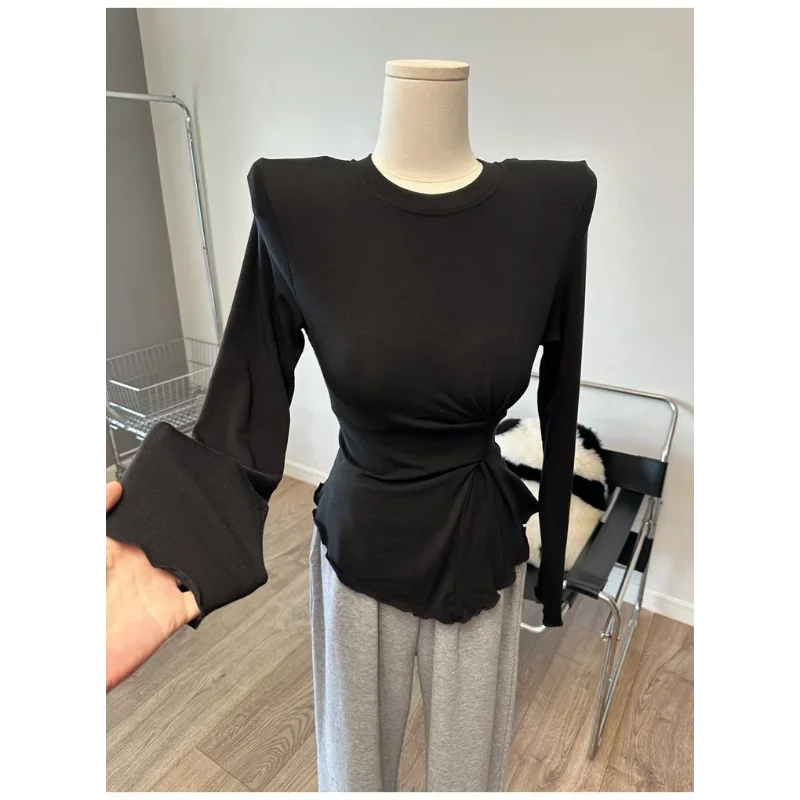 Earrings Long-sleeved T-shirt Waist Bottoming Long-sleeved Top Women's New Style Spliced Shoulder Pads Round Neck Pleated