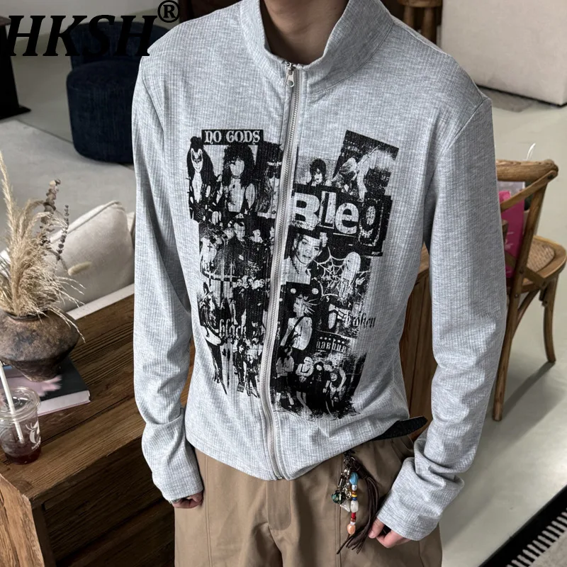 HKSH Spring Autumn New American Printed Long-sleeve T-shirts Retro Waist-cinching Zipper Cardigan Chic Ins Men Tide Tees HK22245