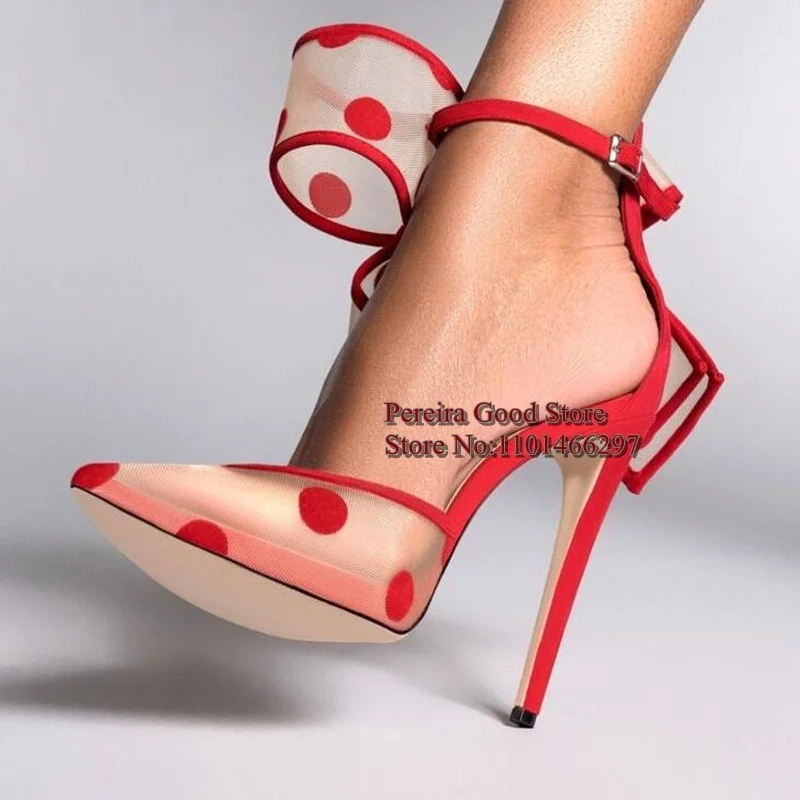 

Women Polka Dot High Heel Pumps Adjustable Butterfly-knot Red Mesh Pointed toe Banquet Formal Shoes