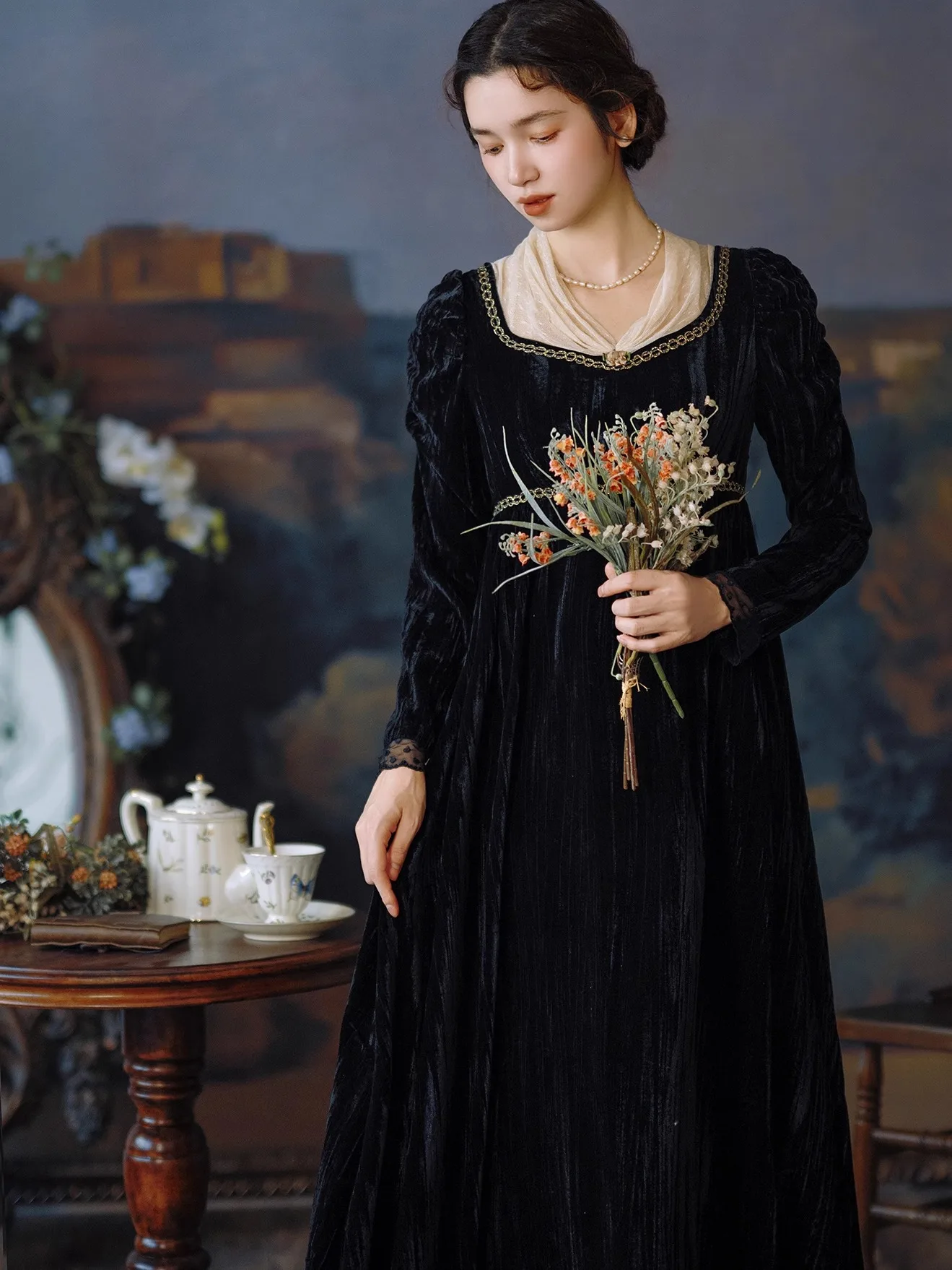 

84-96cm Bust Fall Winter Long Dresses For Women Vintage Elegant Slim V-Neck Long Sleeve Black Velvet High Waisted Imperial Dress