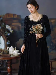 84-96cm Bust Fall Winter Long Dresses For Women Vintage Elegant Slim V-Neck Long Sleeve Black Velvet High Waisted Imperial Dress