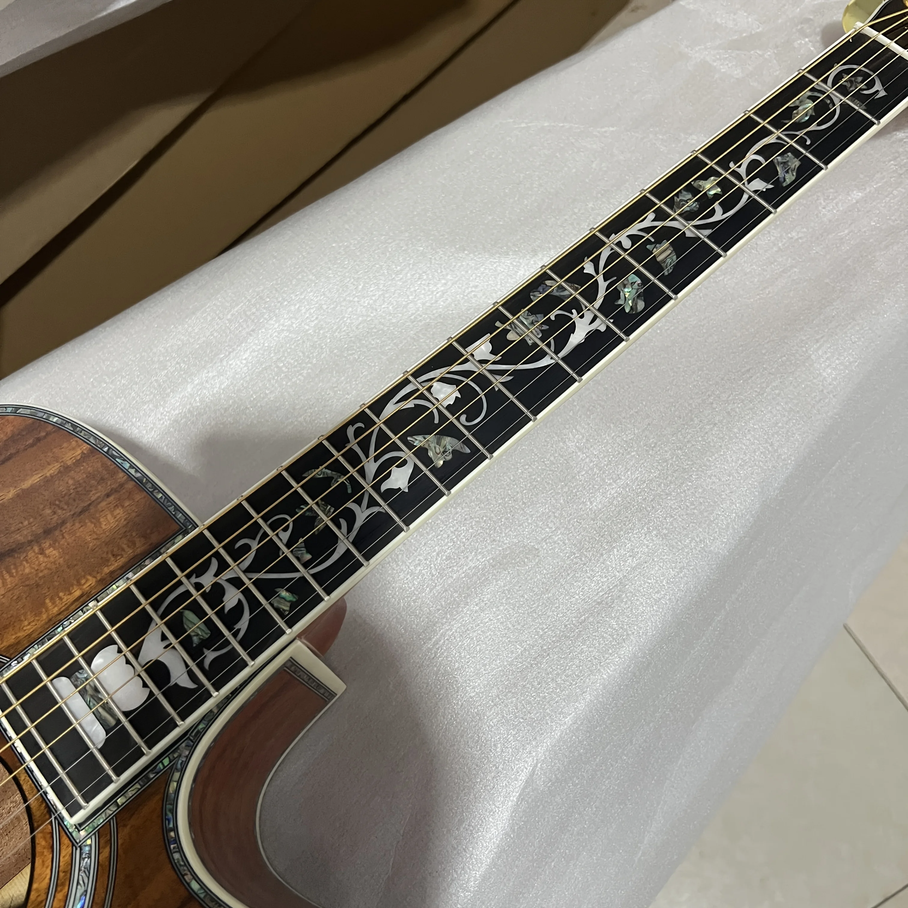 Dark Brown All Koa Wood D45 Acoustic Guitar Ebony Fingerboard Vase Inlay view 2
