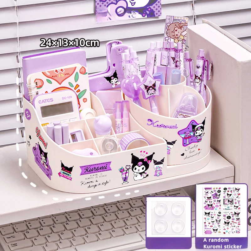 Miniso Sanrio Rotating Pen Holder Stationery Storage Box Cute Storage Rack Large Capacity Organizer Kawaii Kuromi Melody Sticker