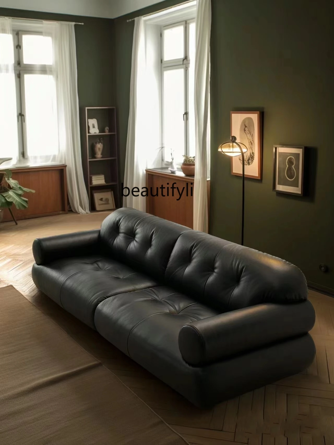 Mid-Ancient Style Black Leather Technology Leather Nordic Living Room B & B Reception Straight-Row Sofa