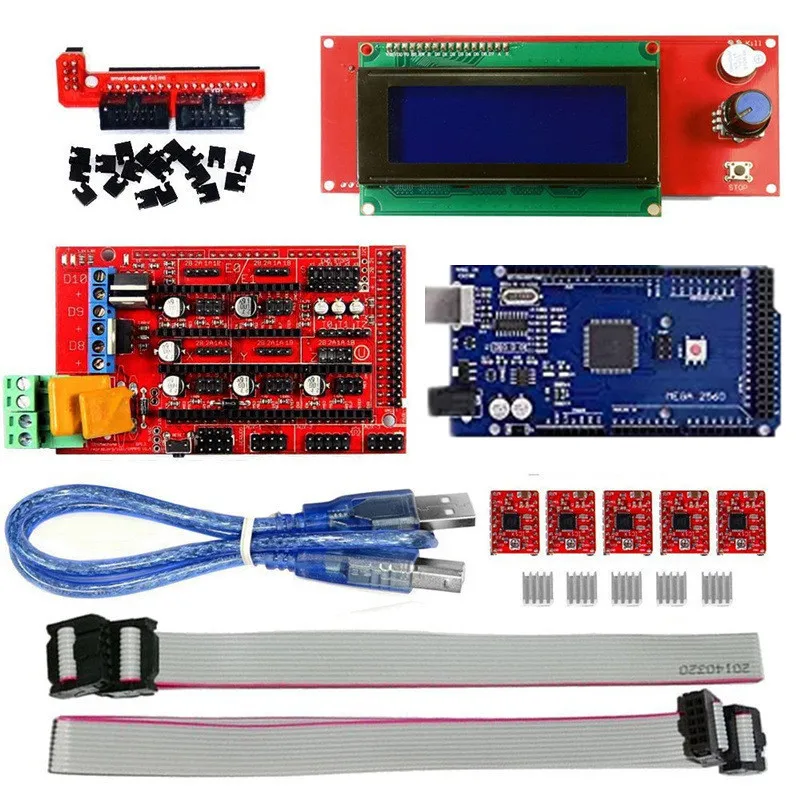 Комплект управления 3D-принтером — MEGA2560 R3 + плата RAMPS 1.4 + драйверы A4988 + ЖК-дисплей 2004 г. Комплект управления 3D-принтером — MEGA2560 R3 + плата RAMPS 1.4 + драйверы A4988 + ЖК-дисплей 2004 г.