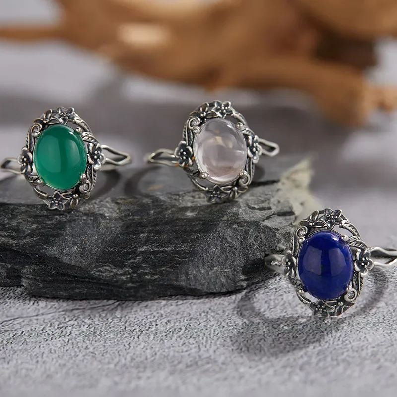 S925 sterling silver natural blue gold powder crystal chalcedony color Baotai silver ring female retro ethnic style open ring