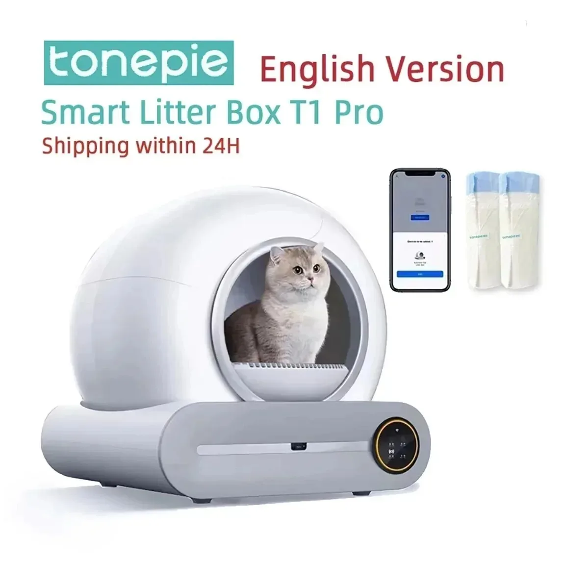Automatische kattenbak Tonepie 65L grote capaciteit zelfreinigende robotkattentoilet met veiligheidssensoren Engels bedieningspaneel voor huizen met meerdere katten