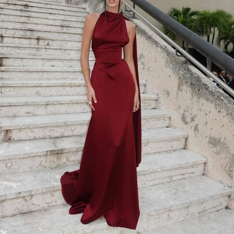 

2026 Neck High-end Satin Femininity Light Luxury High-end Niche Banquet Engagement Dress