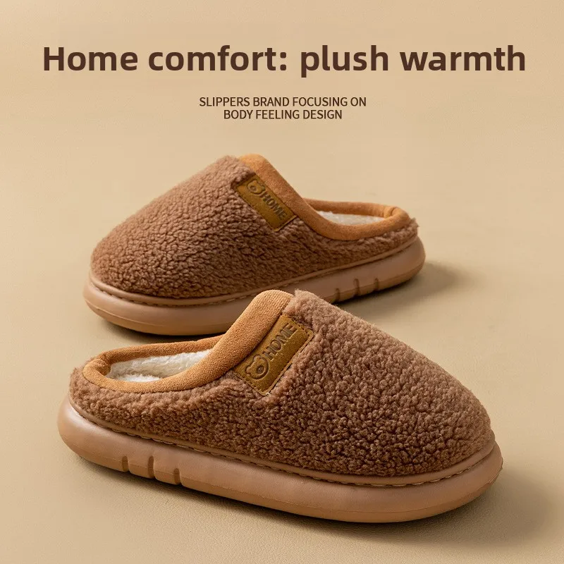 Winter Women Home Slippers Thick Sole Warm Fleece Non‑Slip Indoor Floor Shoes for Ladies Men Household Wear