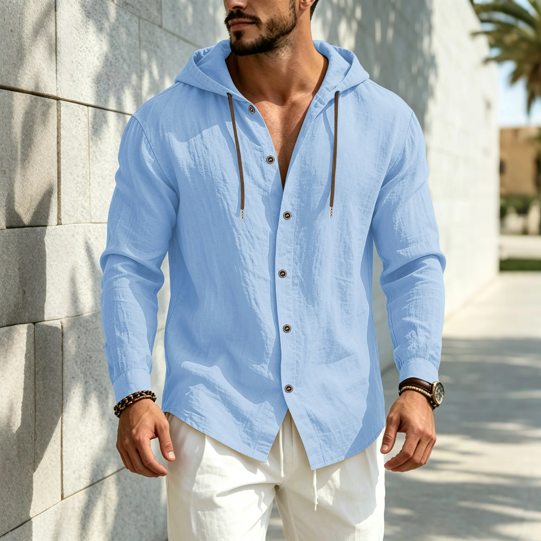 Men's Hooded Button‑Up Long Sleeve Shirt, Drawstring Hood Casual Tops Breathable Linen‑Texture Daily Blouse For Men