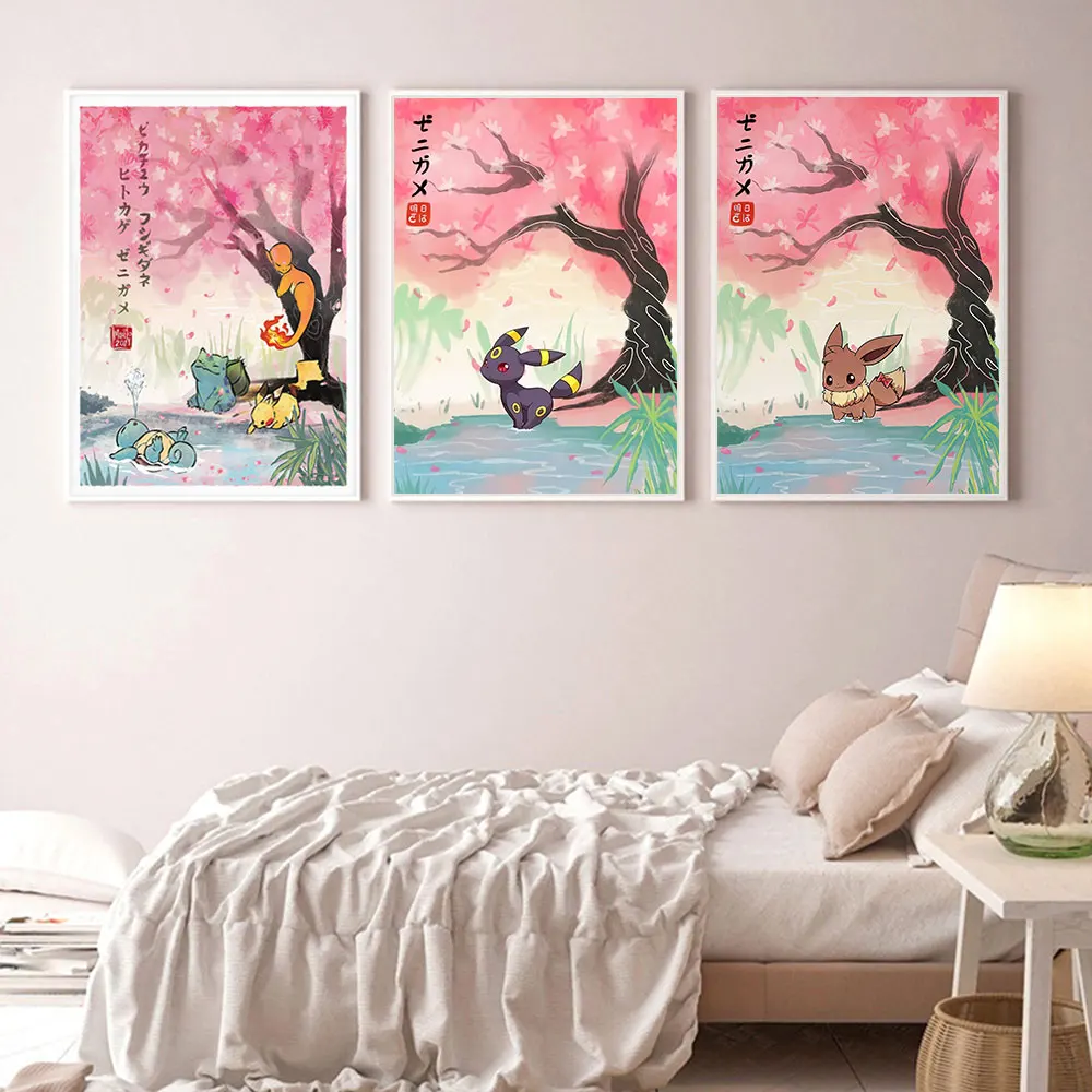 

Pokemon Peripheral Poster Anime Cherry Blossom Style Picture Kawaii Decorative Art Eevee Pikachu Canvas Painting for Kids Gifts