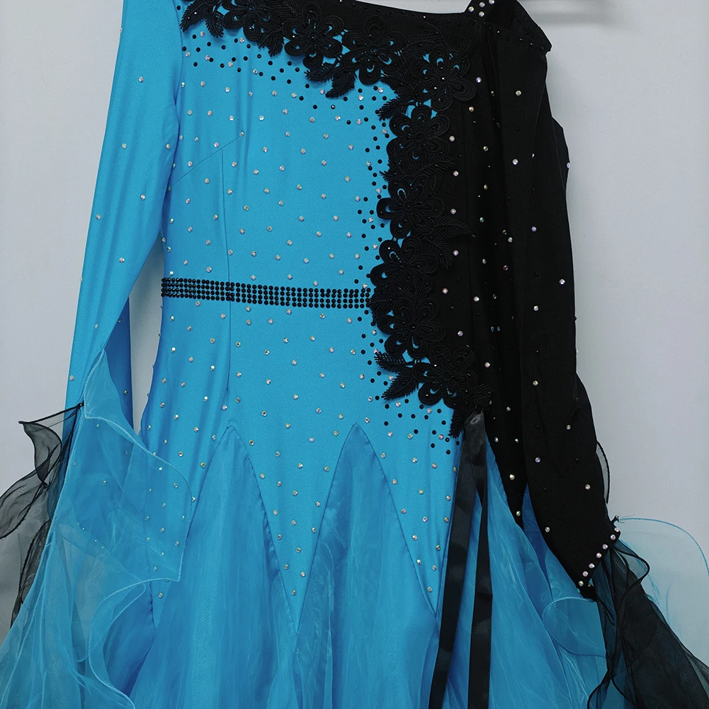 فستان رقص الفالس بأكمام طويلة، فستان أحمر أصفر، شريط، فستان رقص قاعة الرقص، فستان أزرق بحيرة للحفلات الراقصة عالي الجودة