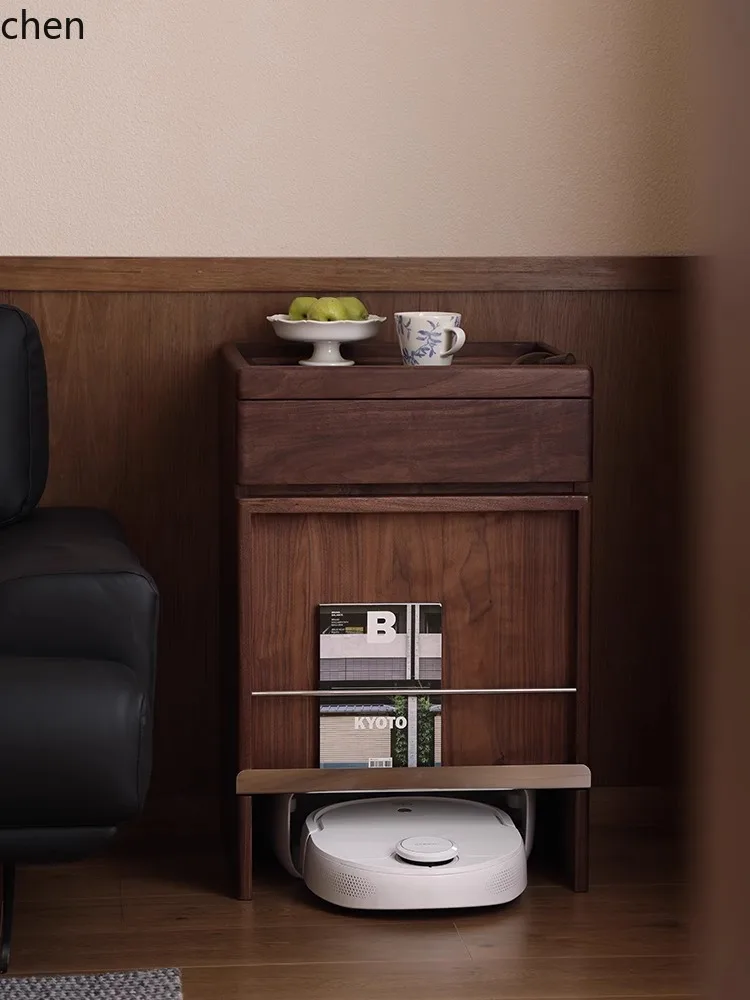ZML black walnut side cabinet multi-functional living room sweeping robot top locker solid wood magazine storage cabinet