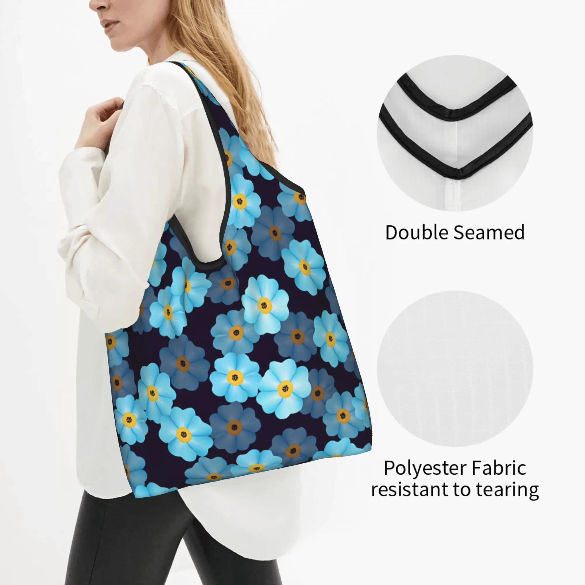 Blue Forget Me Not Flowers  Groceries Shopping Bag Cute Shopper Tote Shoulder Bags  Portable Seamless Floral Pattern Handbag