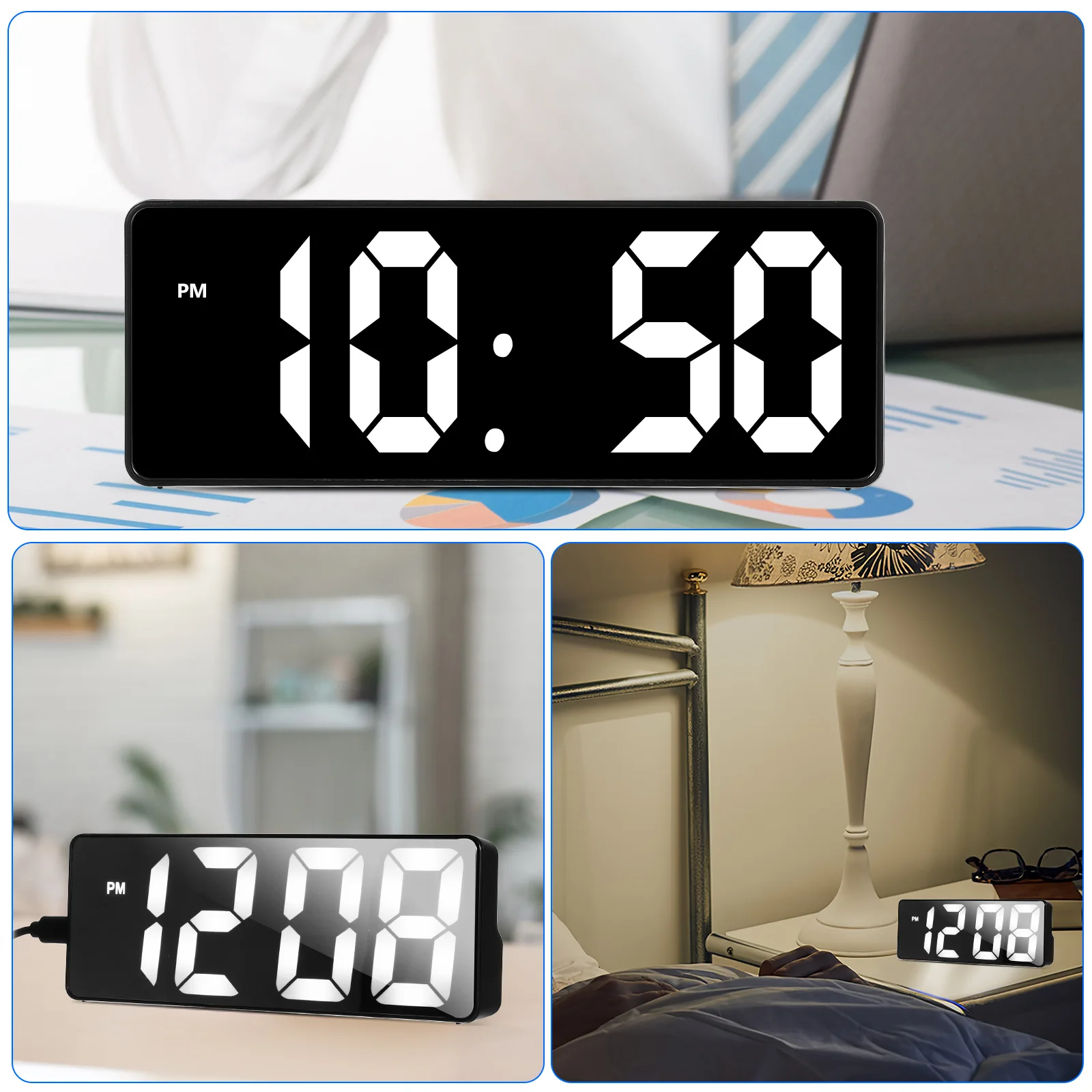 

Digital Alarm Clock Large Led Display Time Date Temperature Mirror Design Multiple Alarm Adjustable Brightness For Bedroom