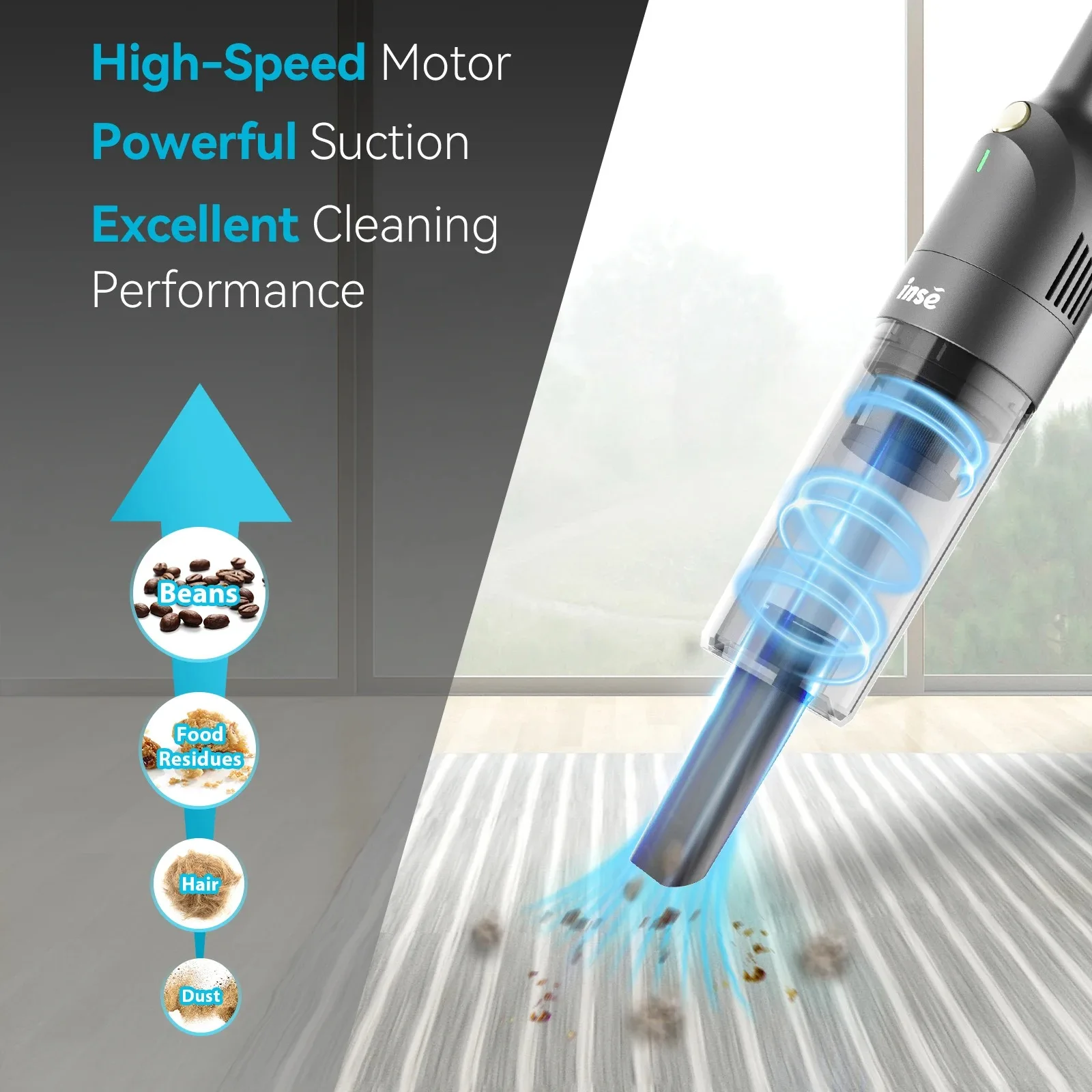 INSE H1 Handheld Cordless Vacuum Cleaner 10000Pa Rechargeable Vacuum with 30 Mins Runtime 500ML Dust-bin for Car Floors Pet Hair