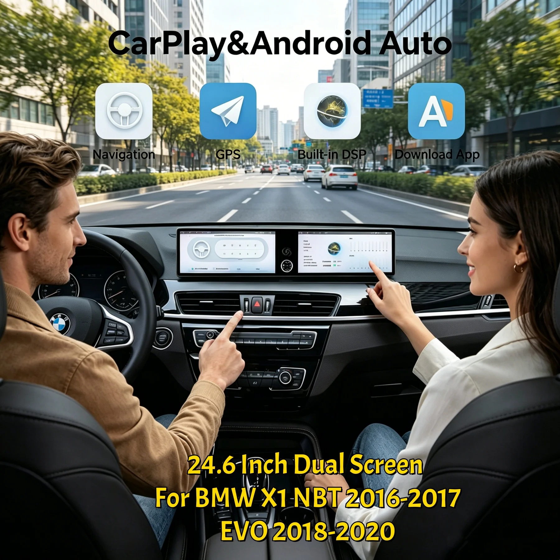 

24.6 Inch Dual Screen Android Car Radio For BMW X1 NBT 2016-2017/EVO 2018-2020 Stereo Video CarPlay GPS Navigation Head Unit 4G