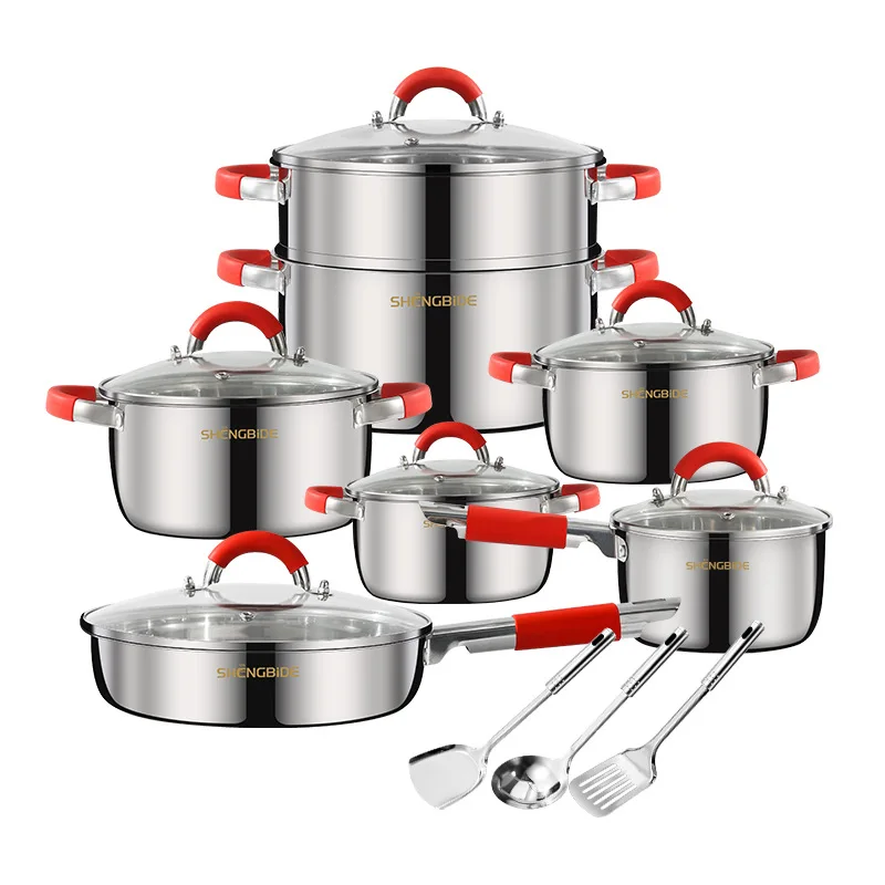 

Cross-border cookware stainless steel set 16-piece set with silicone handle full set of combination non stick pot