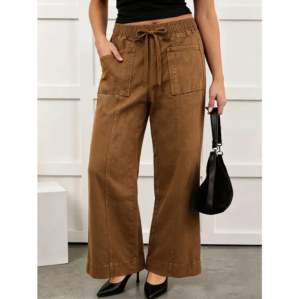 Elastic drawstring does not pick the figure. Multi-pocket micro-straight jeans for ladies. Brown loose slim commuter jeans