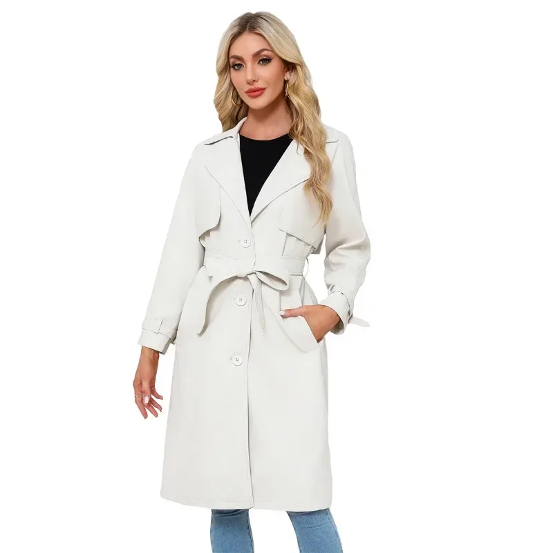 BTQWFD Women\'s Long Leather Trench Coat with Belt Button Single Breasted Loose Fashion 2024 New Spring Autumn Winter Outerwear