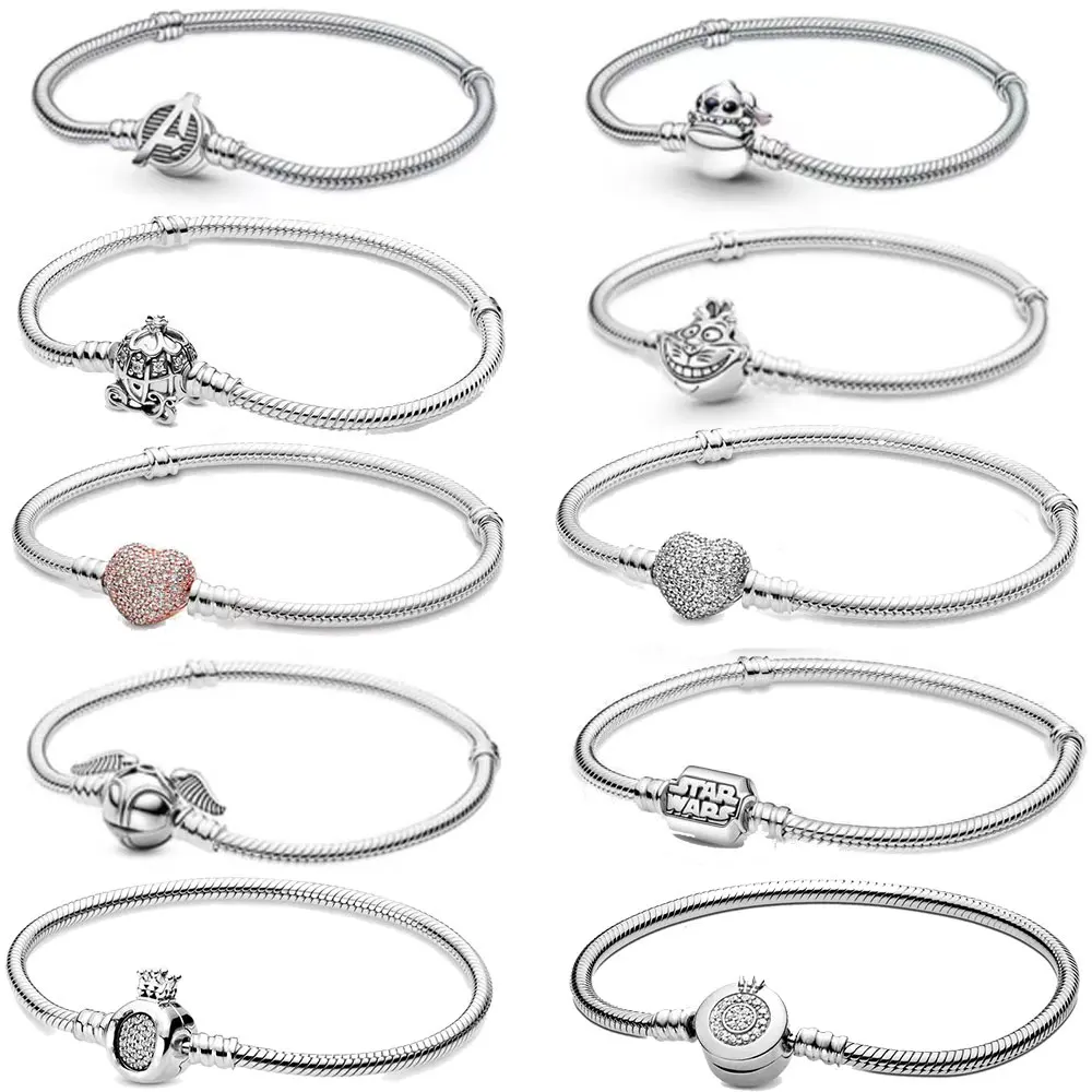 100% S925 sterling silver crown Mickey snake bone bracelet, suitable for Pandora bracelets, ladies' birthday jewelry gifts