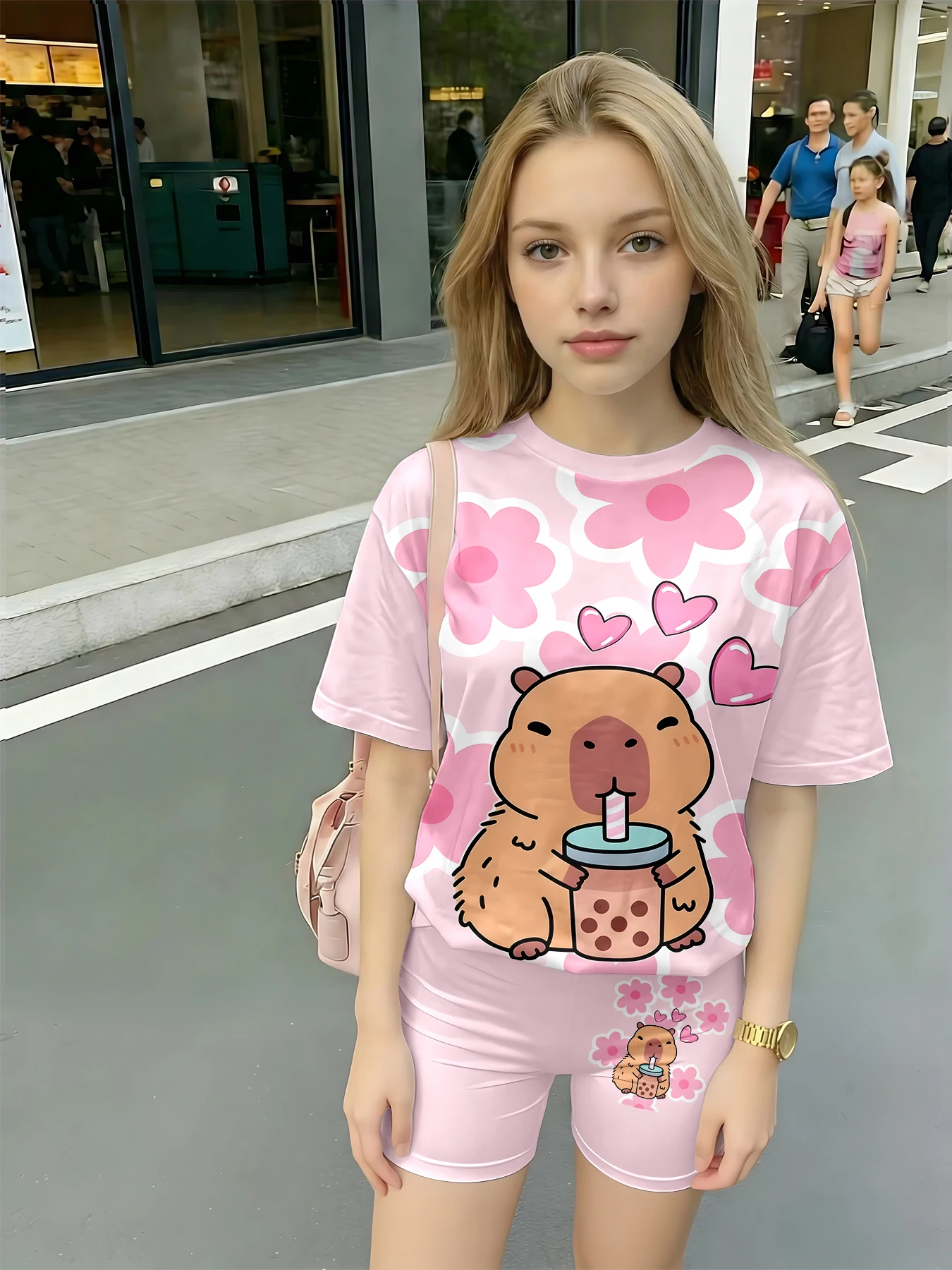Kawaii Capybara-Print Kinder-Pyjama-Set 2-teilig Mädchen Kurzarm-T-Shirt Shorts Loungewear