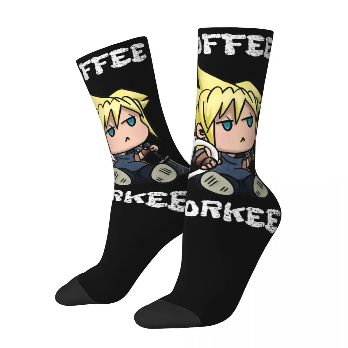 Crazy Design Chibi Cloud No Coffee No Workee Final Fantasy 7 Skateboard Socks Polyester Middle Tube Socks for Women Men