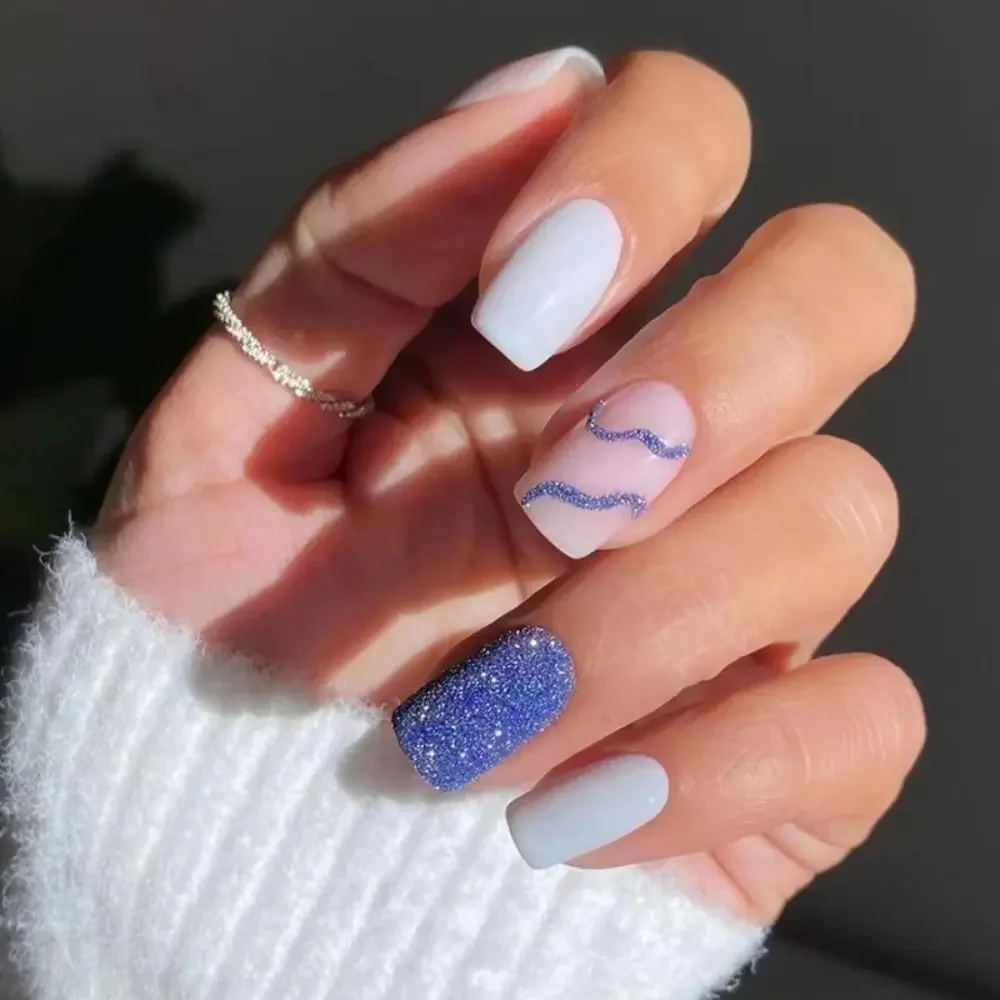 24 stuks DIY nageltips nepnagels druk op nagels kunstnagels frans blauw lang vierkant