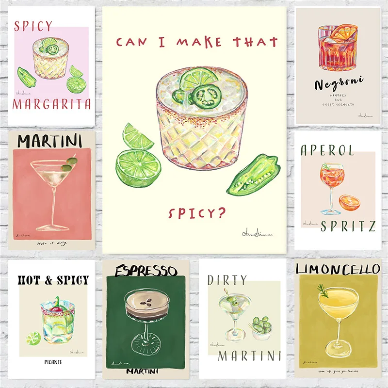 Aperol Spritz Margarita Negroni Limoncello Spicy Margarita Cocktail Poster Wall Art Pictures Canvas Painting Room Home Decor