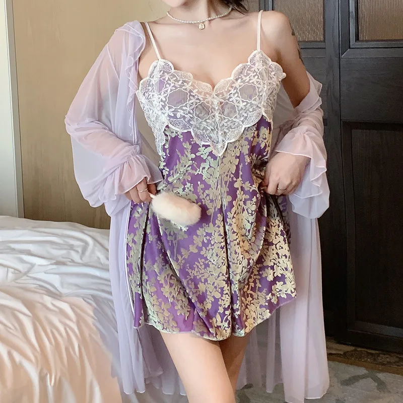 Mesh Nighty&Robe Set Nightgown Sexy Lace Nightgown Lingerie Summer Women Sleepwear Nightdress Rayon Homewear