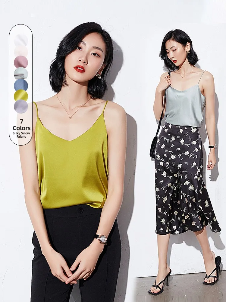 

Annibycn Satin Strap Vest Women's Sleeveless Base Shirt Versatile Inner Wear V-neck Breathable Thin Polyester Fiber Casual Top